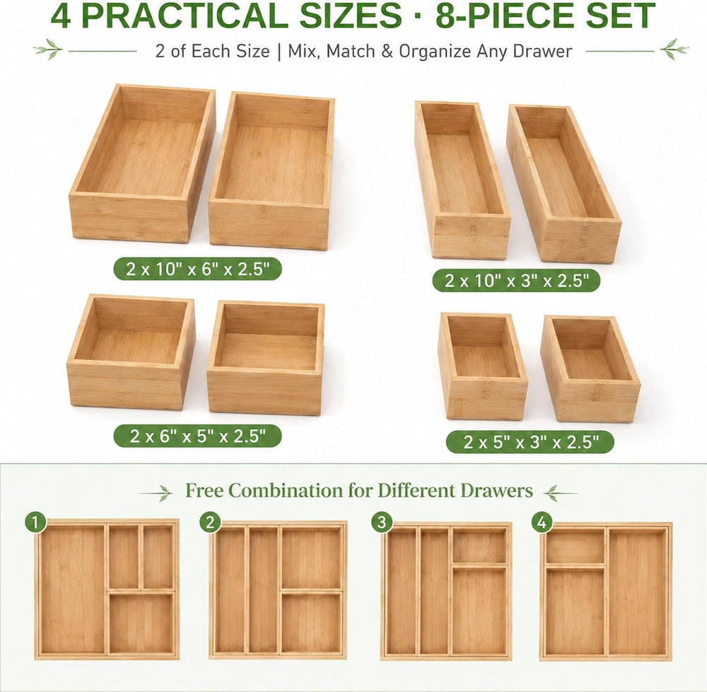 LEIMO KPARTS 8 Pcs Bamboo drawer Organizer Storage Box, Bin Set - Multi-Use b...