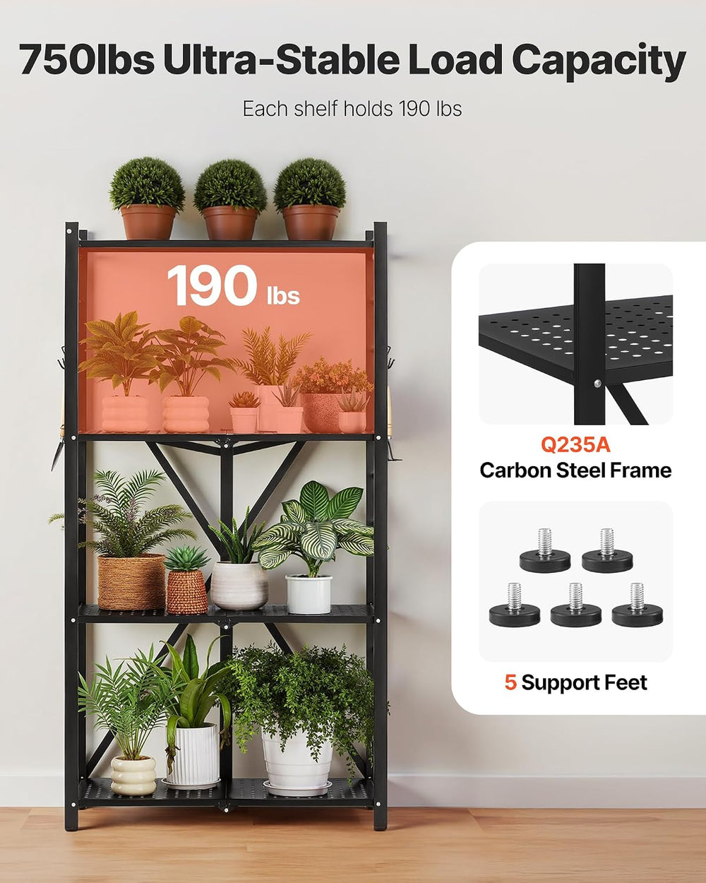 VEVOR 4-Tier Foldable Storage Shelf, 28W x 13D x 54H Inch Folding Metal Rack ...