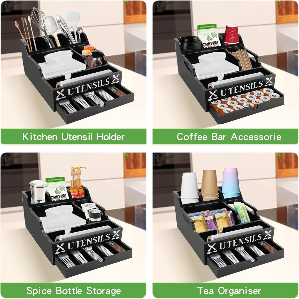 Kitchen Utensil Holder with Drawer, Farmhouse Spatula Organizer for Counterto...