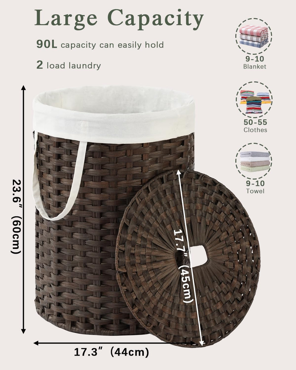 SETVSON Laundry Hamper with Lid 23.8 Gal (90 L) PE Rattan, Brown