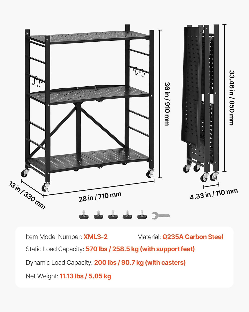 VEVOR 3-Tier Foldable Storage Shelf, 28W x 13D x 36H Inch Folding Metal Rack ...