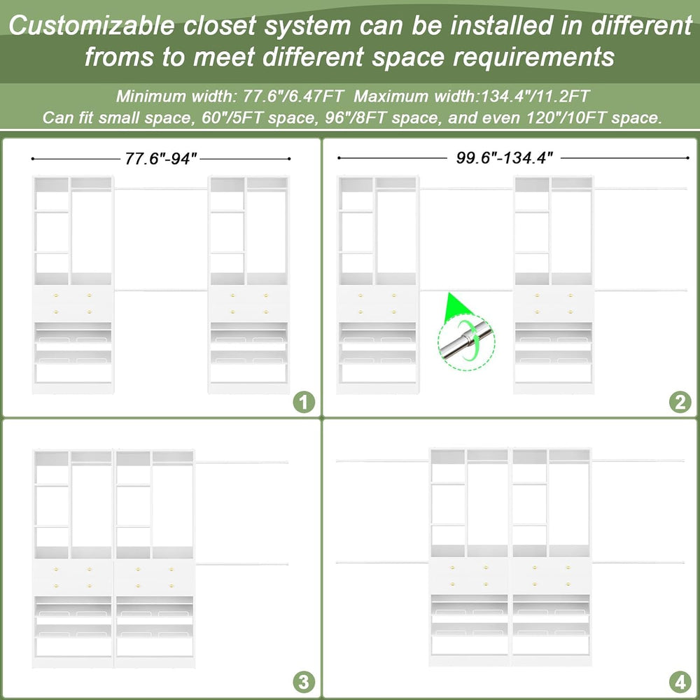 Besiost Closet System, Up to 134"/11.2 FT Closet Organizer with 4 Wooden...