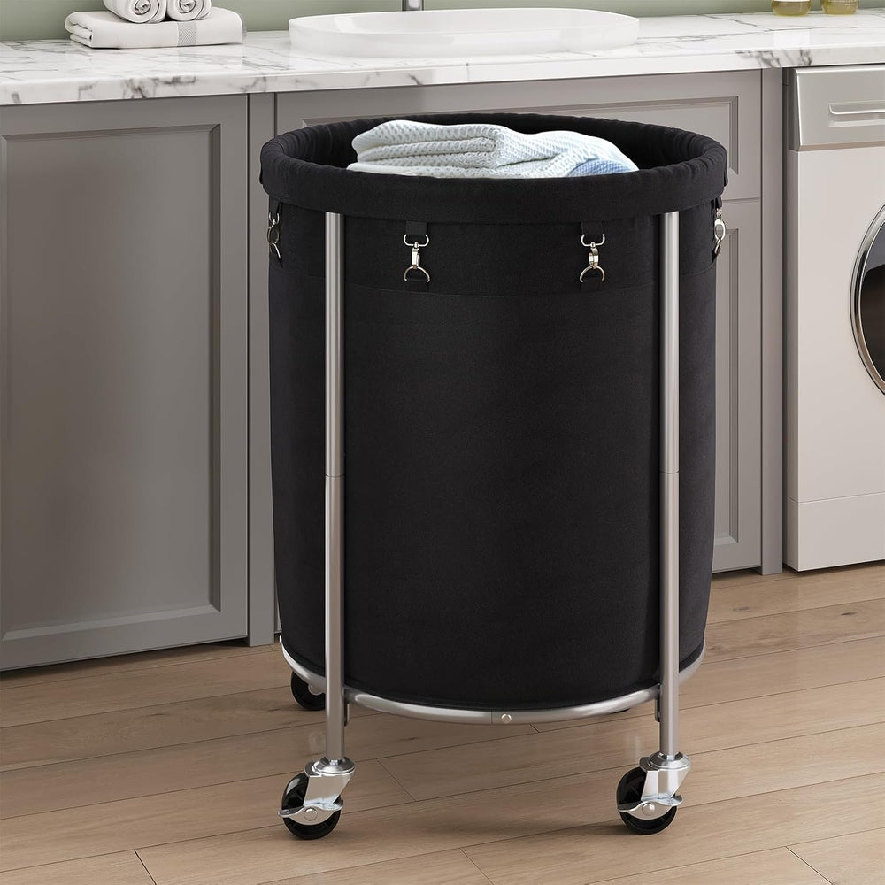 ELYKEN Laundry Basket with Wheels, Round Rolling Laundry Hamper, Black