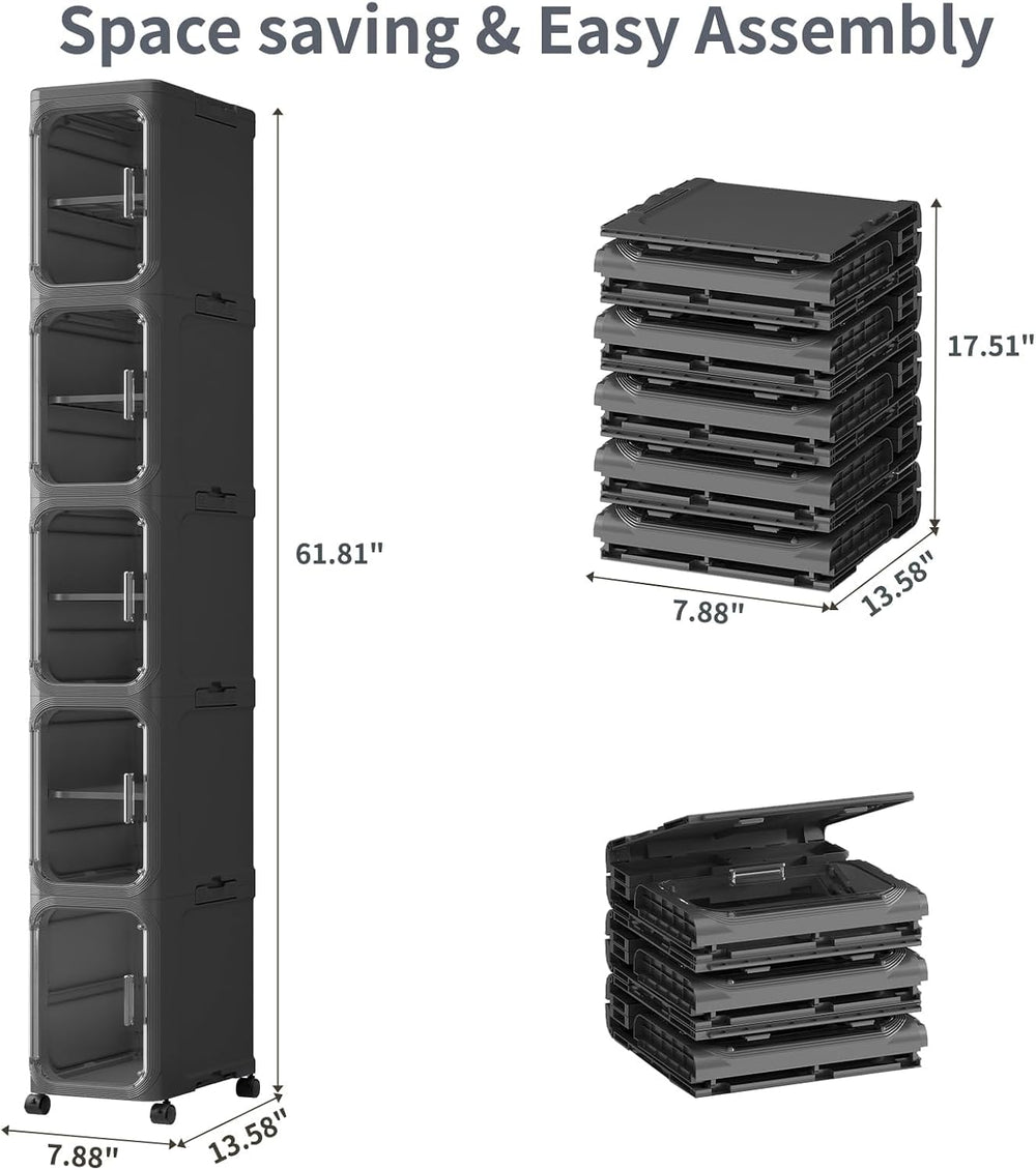5 Tier Slim Bathroom Storage Cabinet, Foldable and Movable, Black