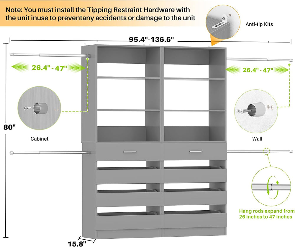 Aheaplus Closet System, 6-15Ft Custom Wood Closet Organizer with 8 Drawers