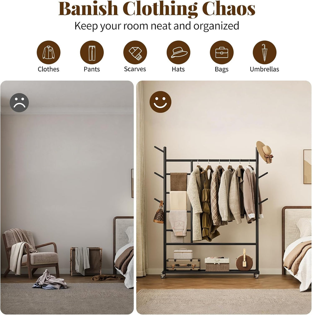 Yoobure Solid Wood Clothing Rack, 4-in-1 Wooden Clothes Rack with Wheels
