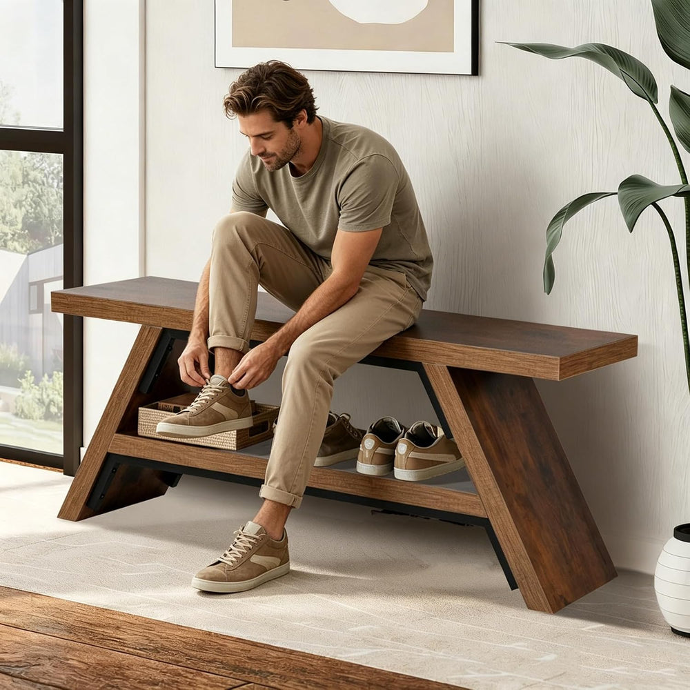 2-Tier Shoe Storage Bench, 47" Solid Wood Entryway Stool Storage