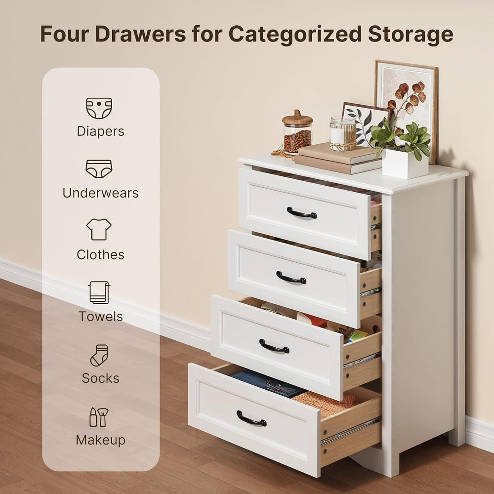 Gizoon 4 Drawer Dresser for Bedroom, Wood Storage Chest, White
