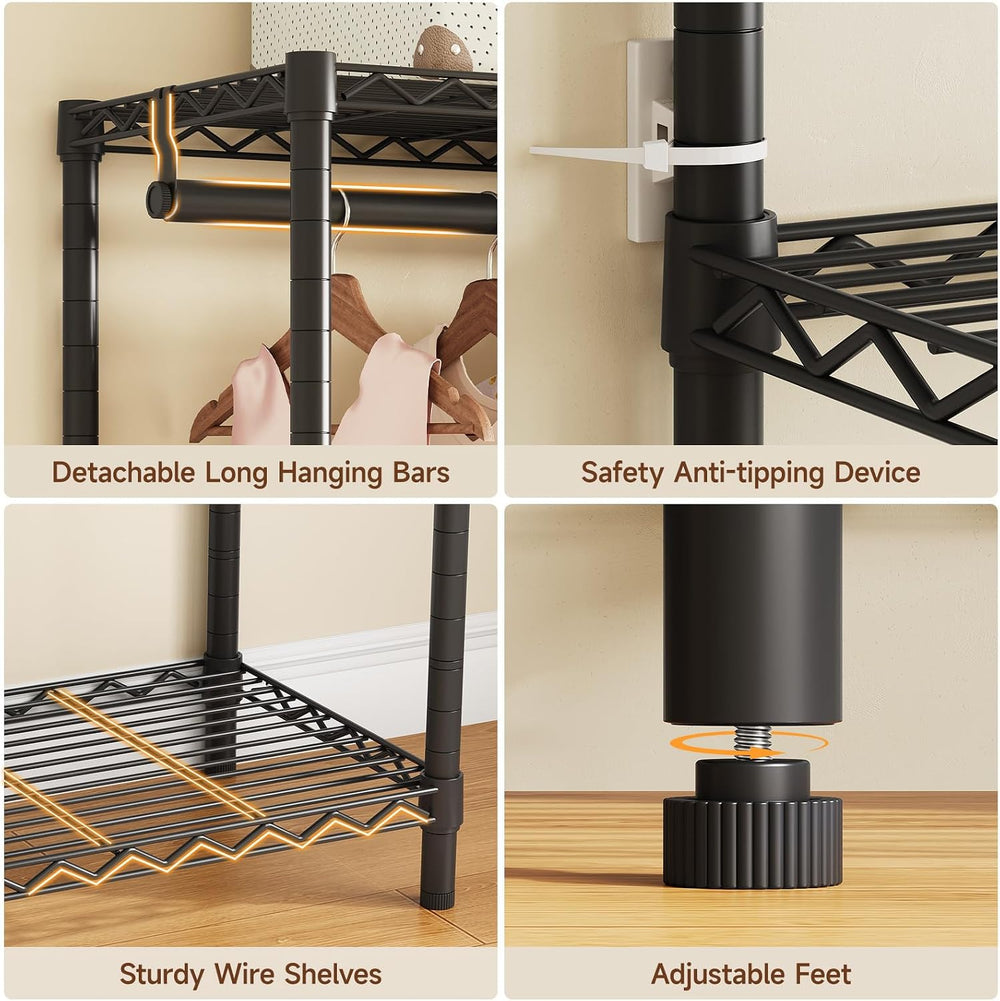 ONBRILL F7 Portable Metal Clothing Rack with Shelves & Hanging Rods, Black