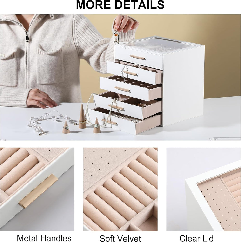 Frebeauty Jewelry Box for Women,Clear Lid Jewelry Organizer with 5 Drawers