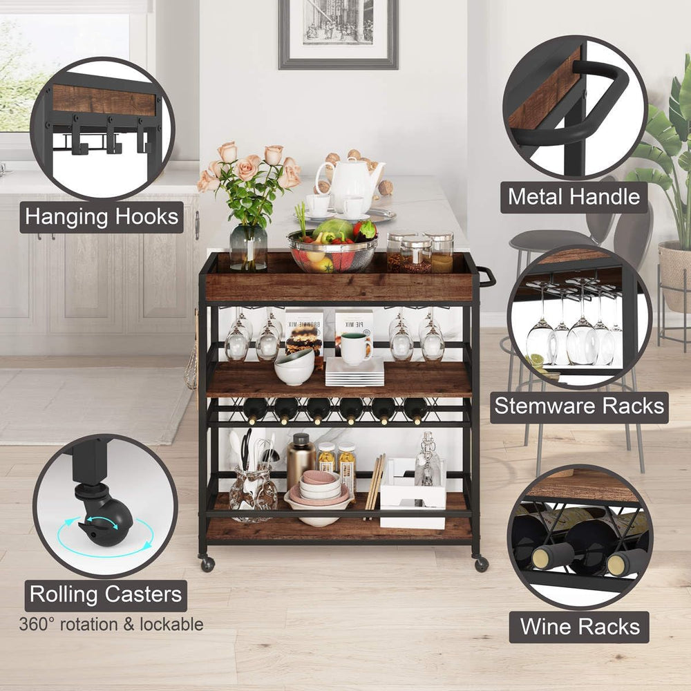 Rolling Bar Cart on Wheels for Home with Wine Rack, Glass Holder