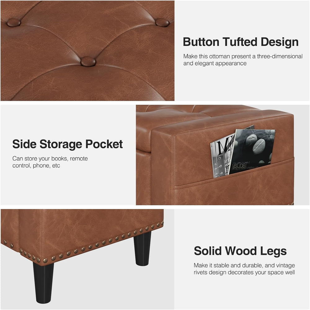 60" Storage Ottoman Bench, Faux Leather Upholstered Bed Bench, Brown