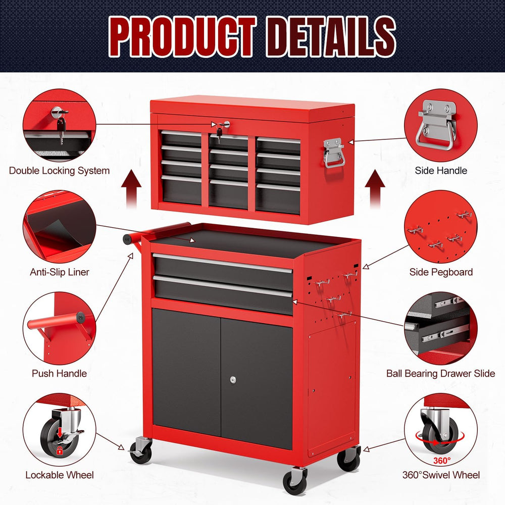 10-Drawer Rolling Tool Chest with wheels, Lockable 2-in-1 Tool Box