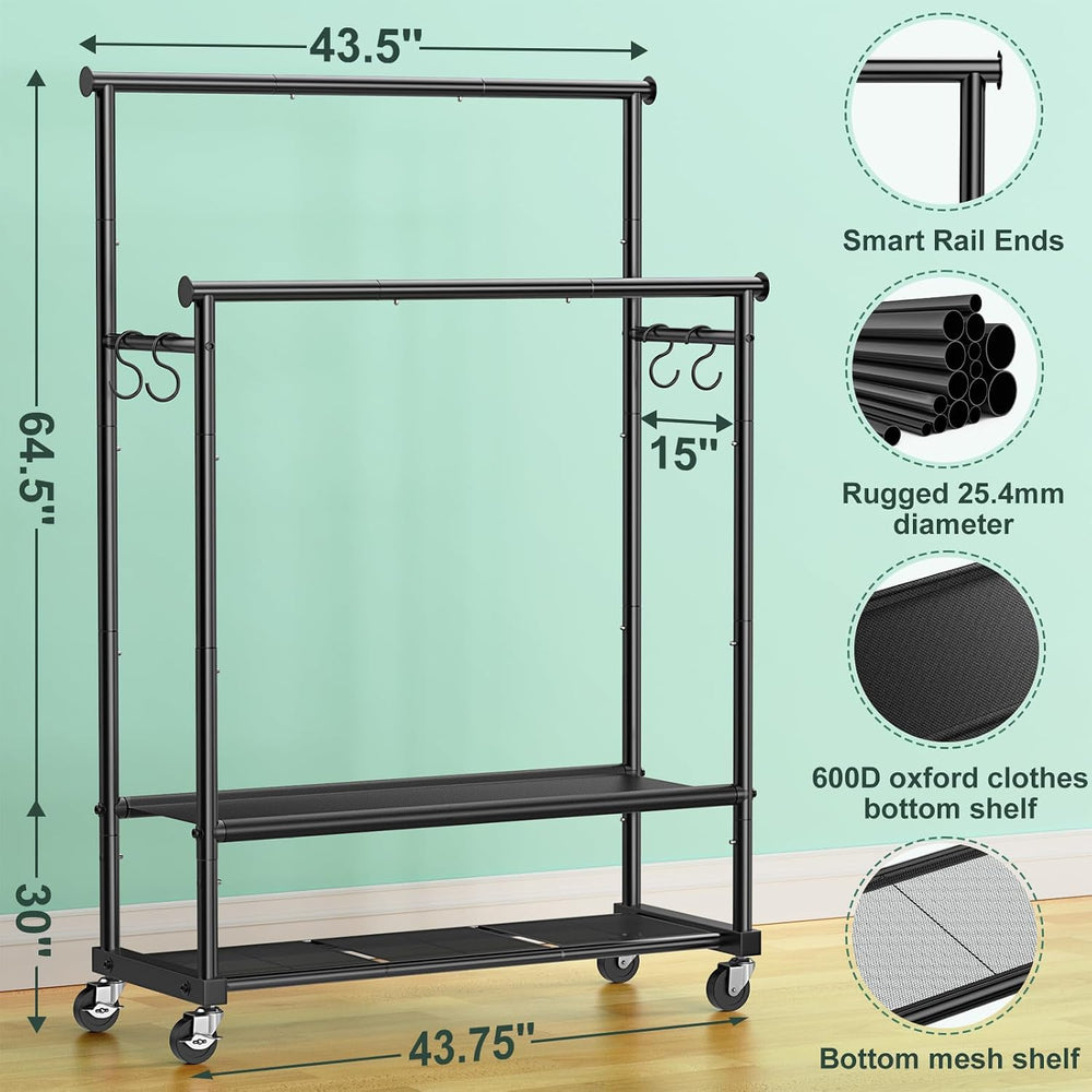 Double Rods Clothes Rack for Hanging Clothes, Heavy Duty Rolling Clothing Rac...