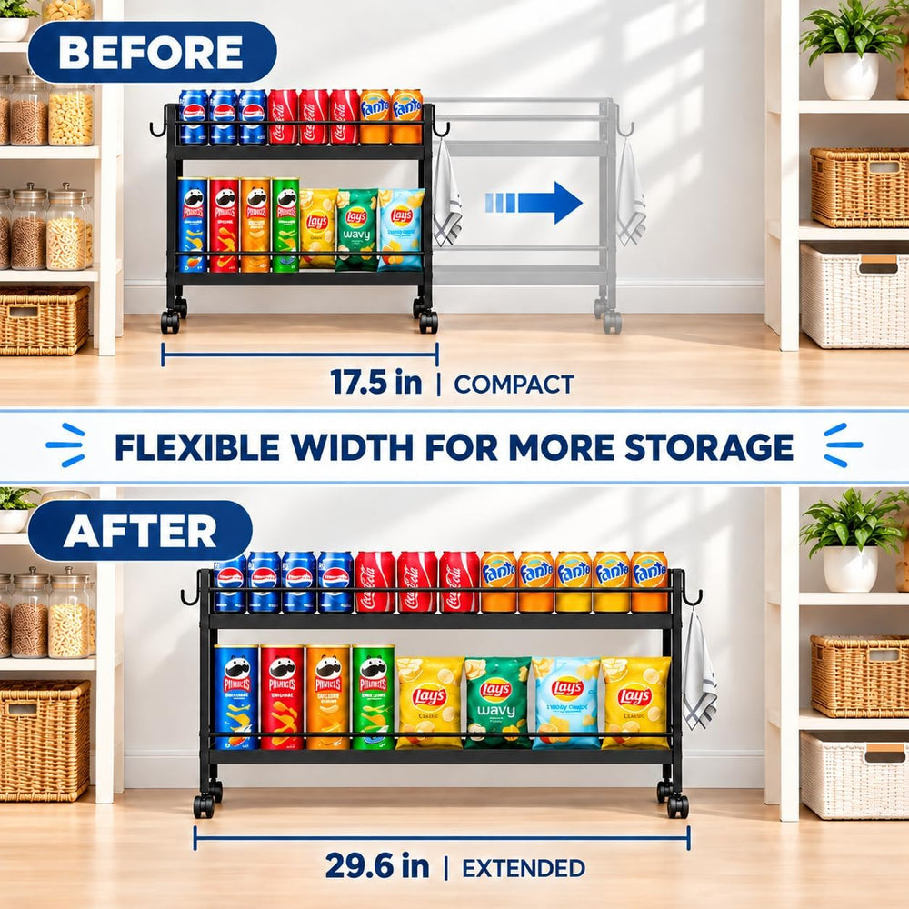 2-Tier Expandable Rolling Pantry Cart, Pantry Floor Organizers and Storage