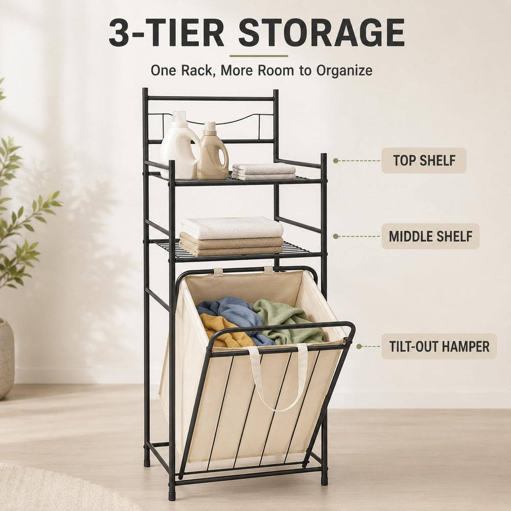Tilt Out Laundry Hamper, 3-Tier Storage Basket with Removable Bag