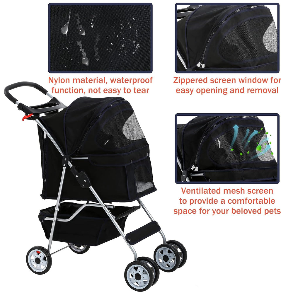 4 Wheels Pet Stroller for Dogs/Cats, Cat Dog Cage Stroller, Travel Folding Ca...
