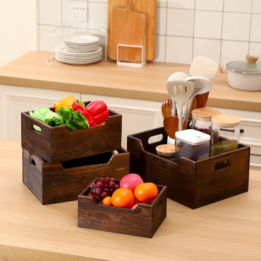 Chunful 4 Pack Wood Crates Nesting Storage Baskets Decorative Farmhouse Woode...