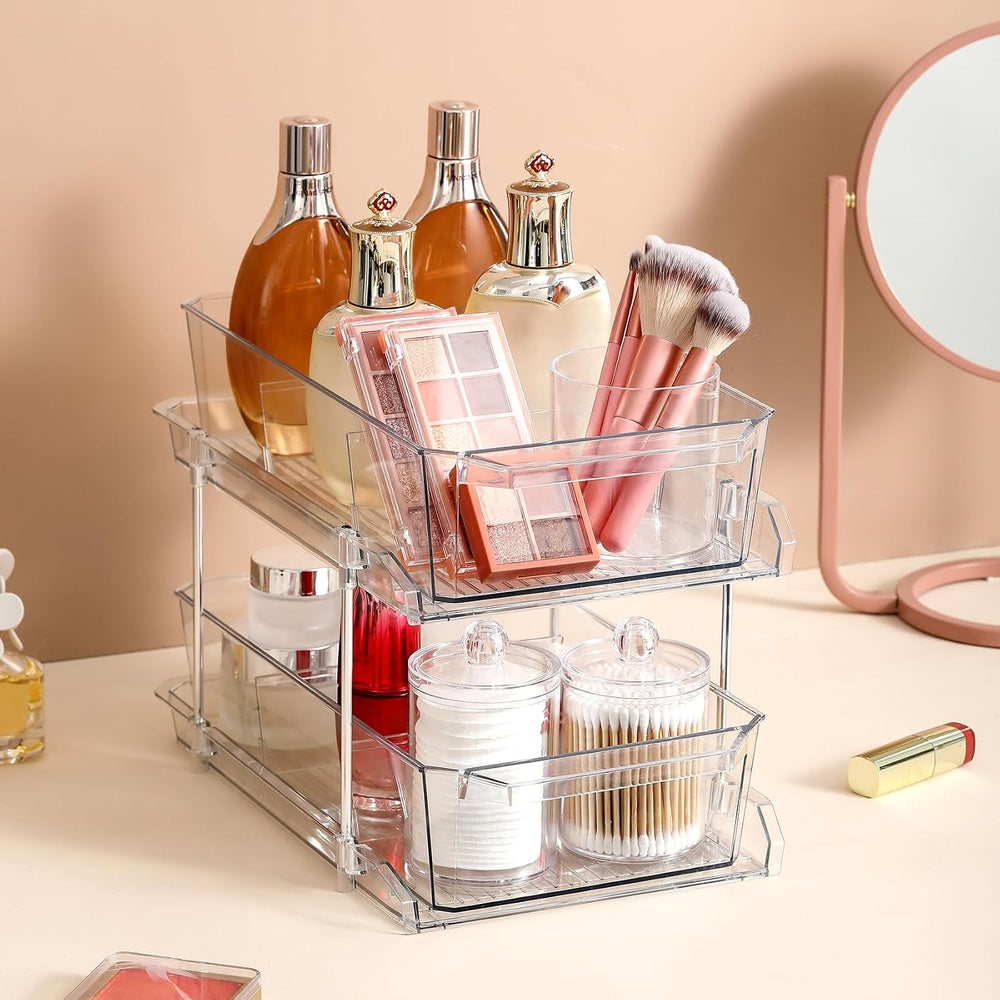 2 Set, 2 Tier Clear Organizer with Dividers for Cabinet, Shlef, Counter - Mul...