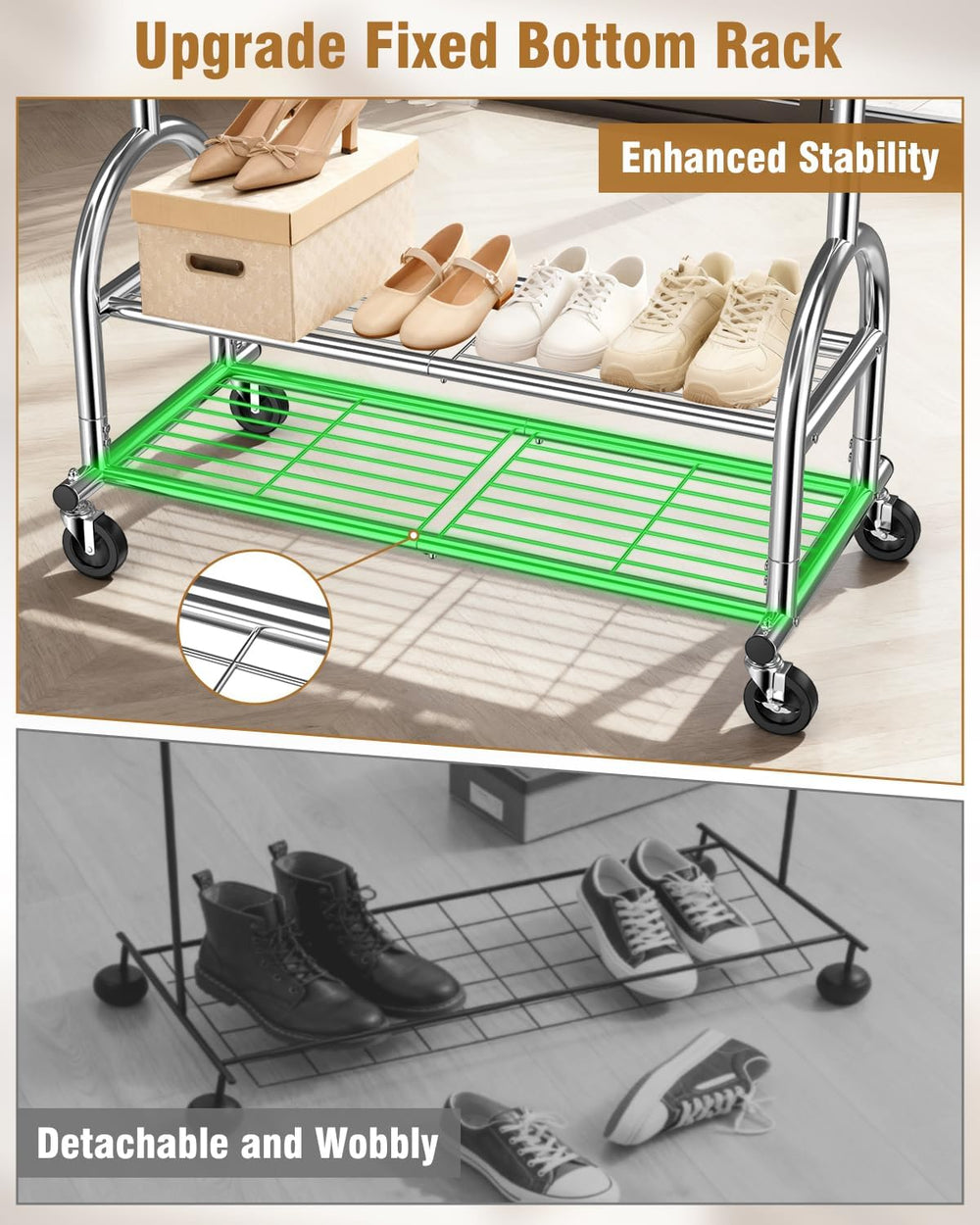 EAGMAK Rolling Clothes Rack Heavy Duty Clothing Rack with 2 Shelves, Silver