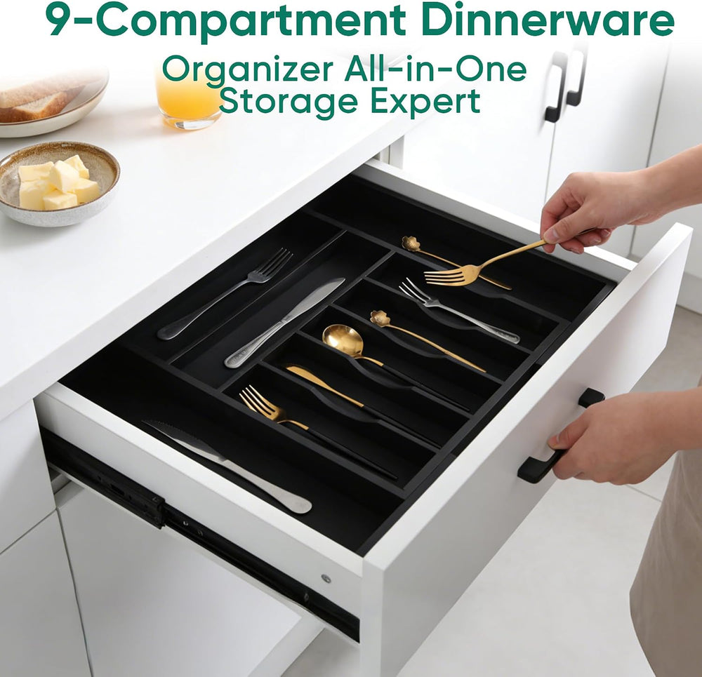 Bamboo Silverware Organizer, Expandable 9-Compartment Drawer Tray