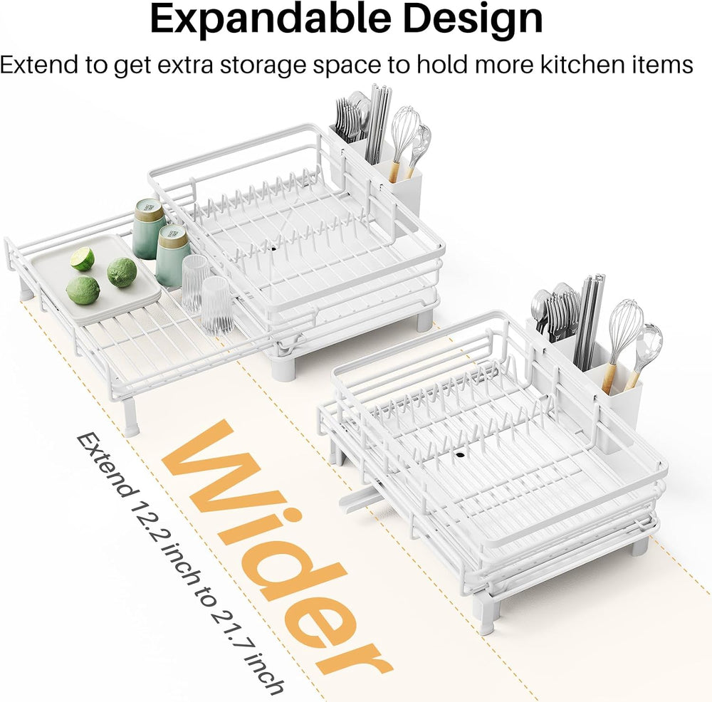 Expandable Dish Drying Rack for Kitchen Counter, Stainless Steel, White