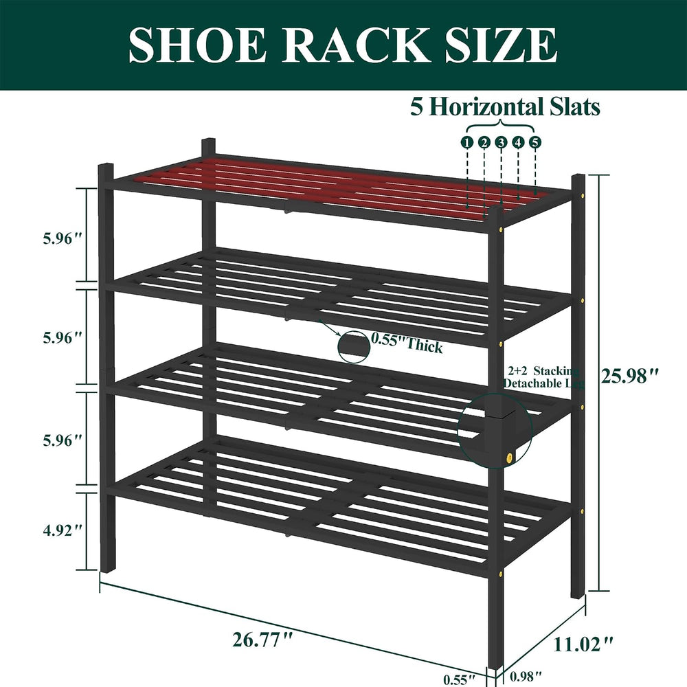 Smiry Bamboo Shoe Rack, 5 Horizontal Slats, 4 Tier - 26.8" Wide, Black