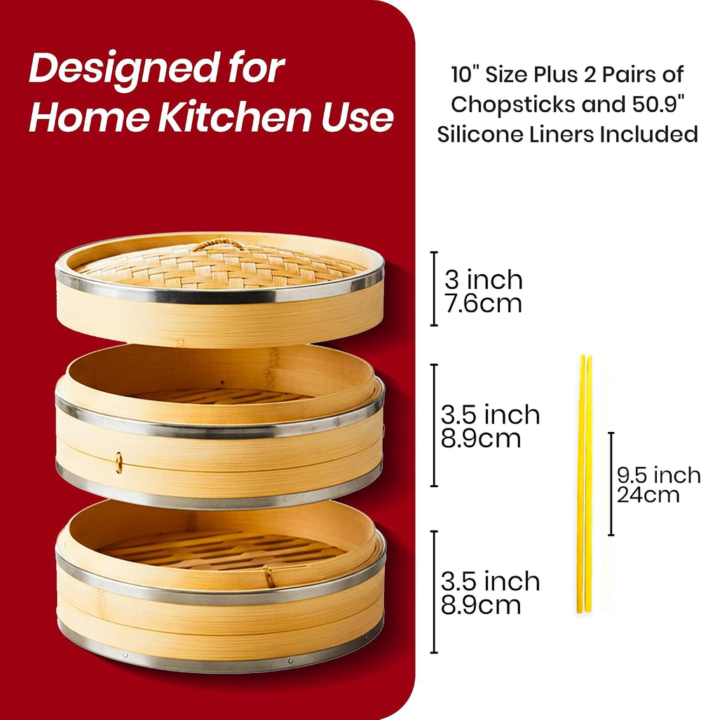 Bamboo Steamer Basket 10 Inch 2 Tier Set for Cooking | Dumpling Steamer Baske...