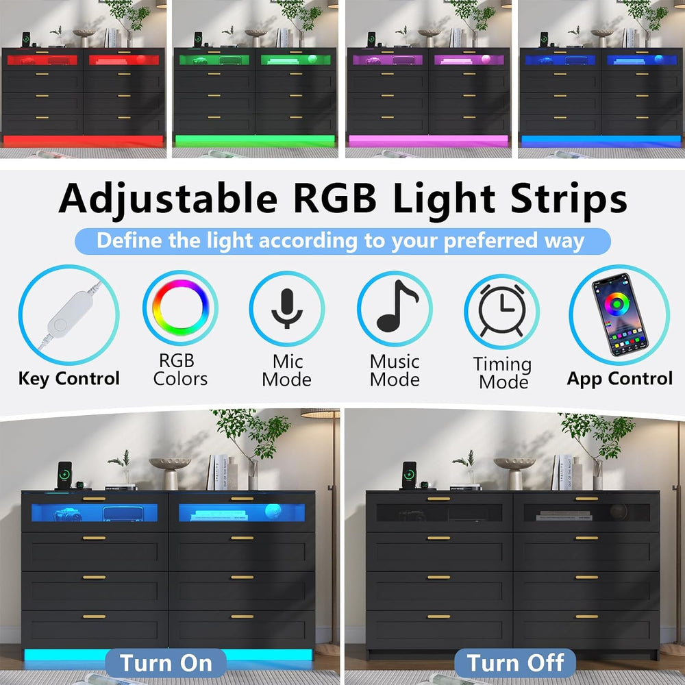 8 Drawers Dresser with Charging Station, Dresser for Bedroom with LED Light