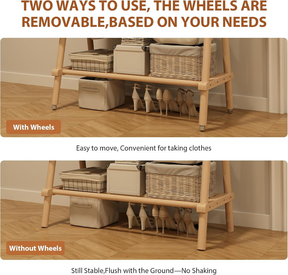 Muwuele Solid Wood Clothing Rack, Rolling Clothes Rack for Hanging Clothes, G...