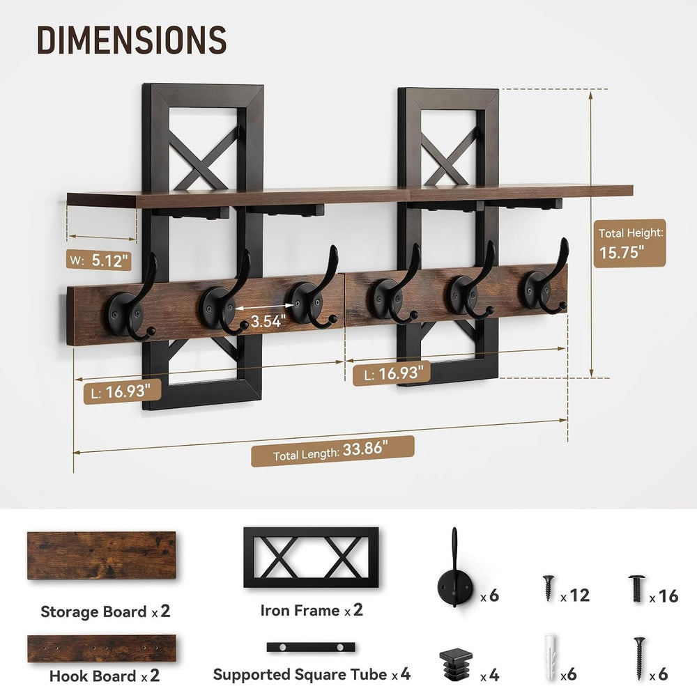 33.86" Wall Mounted Coat Rack with Shelf, Heavy Duty Entryway Wall Organ...