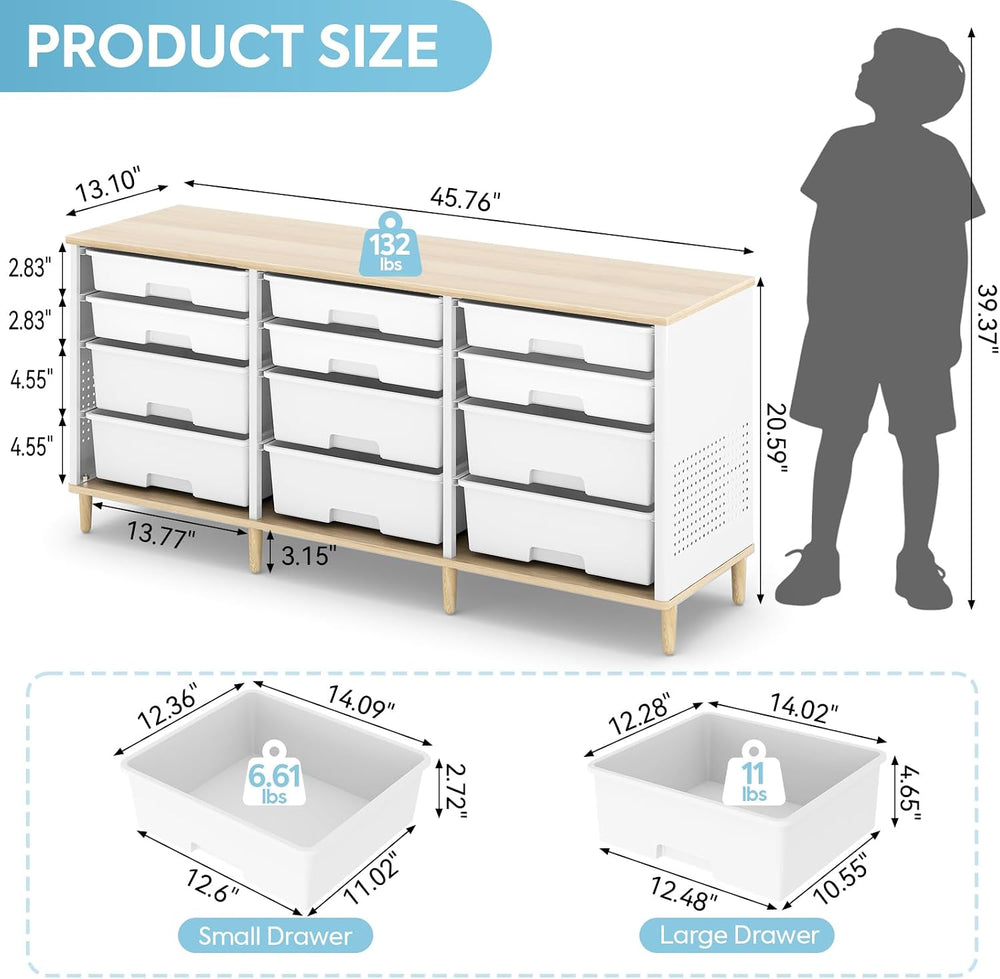 TOOLF 12 Drawers Storage Cabinet with Wooden Top and Plastic Bins, White