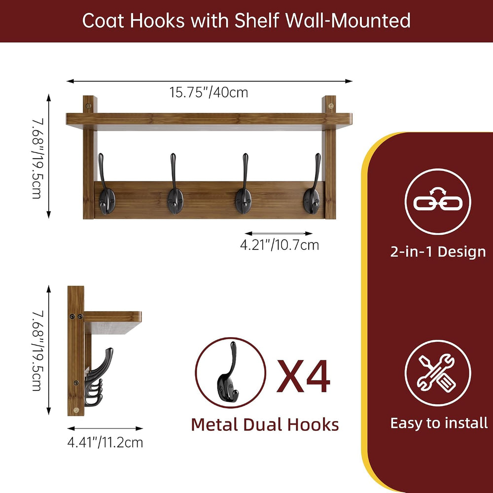 STELLSTAR Coat Rack with Shelf Wall Mount, Entryway Bamboo Hanging Shelf, Set...