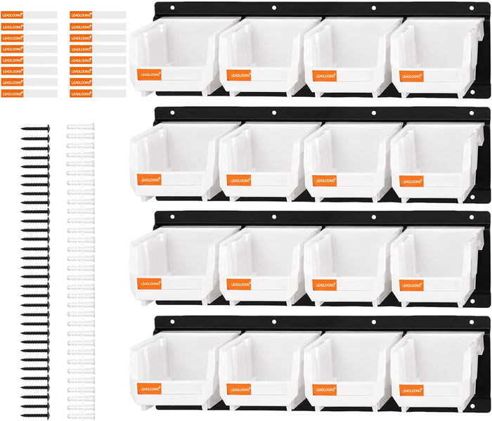 16pc Wall-Mounted Storage Organizer Set with Metal Rails White