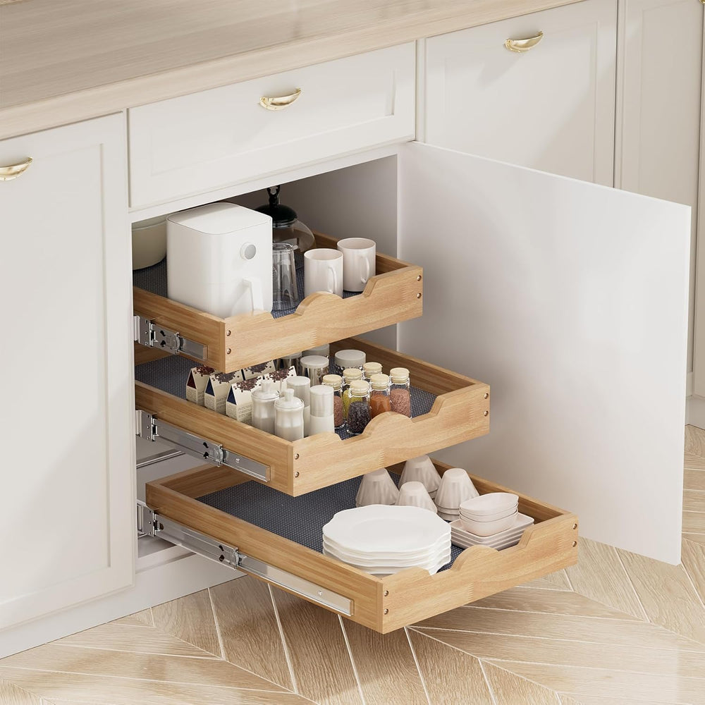 DINDON 3 Tier Pull Out Cabinet Organizer 17”W X21”D Slide Out Shelves With Sh...