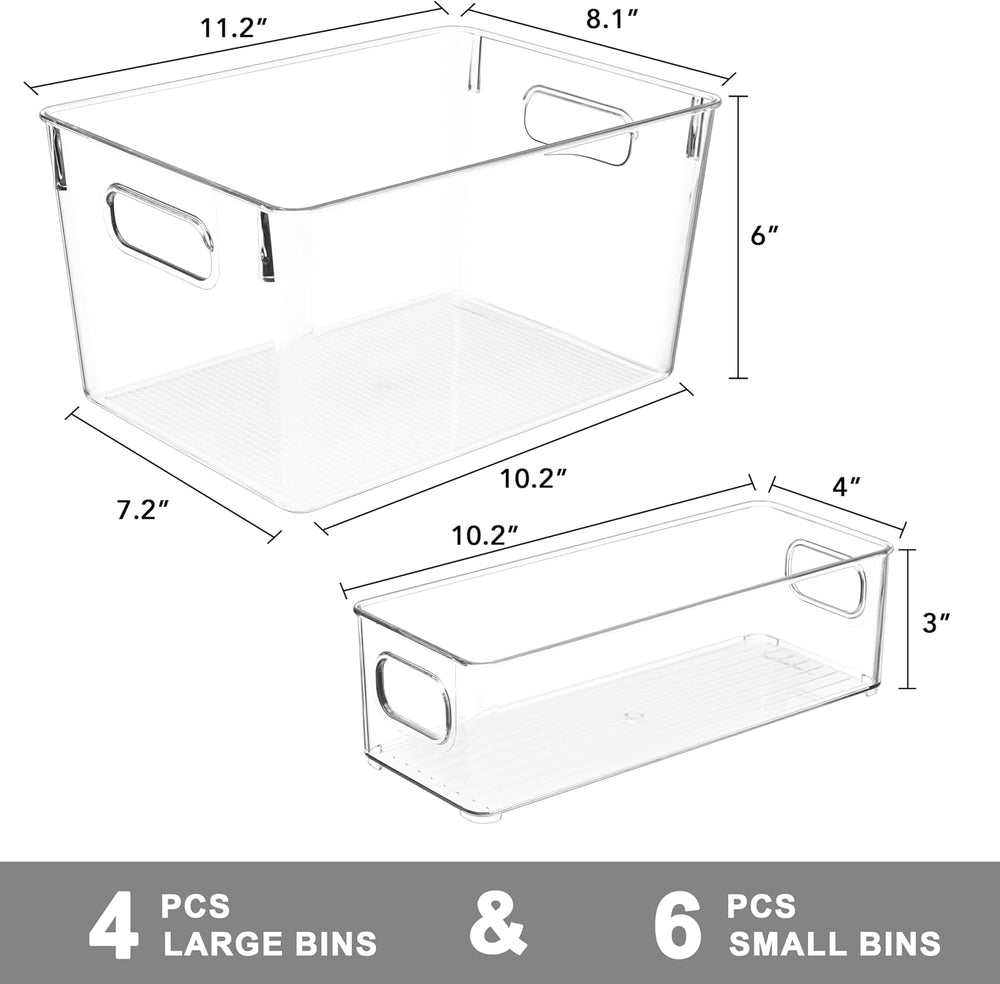 Tiawudi Set of 10 Clear Plastic Storage Bins, 4 Large and 6 Small Stackable S...