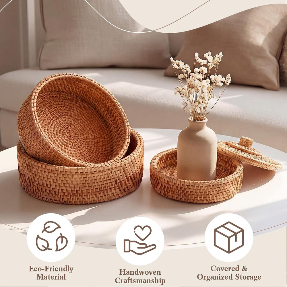 Newtay 3 Pack Rattan Basket with Lid, Round Wicker Storage Basket Woven Box R...