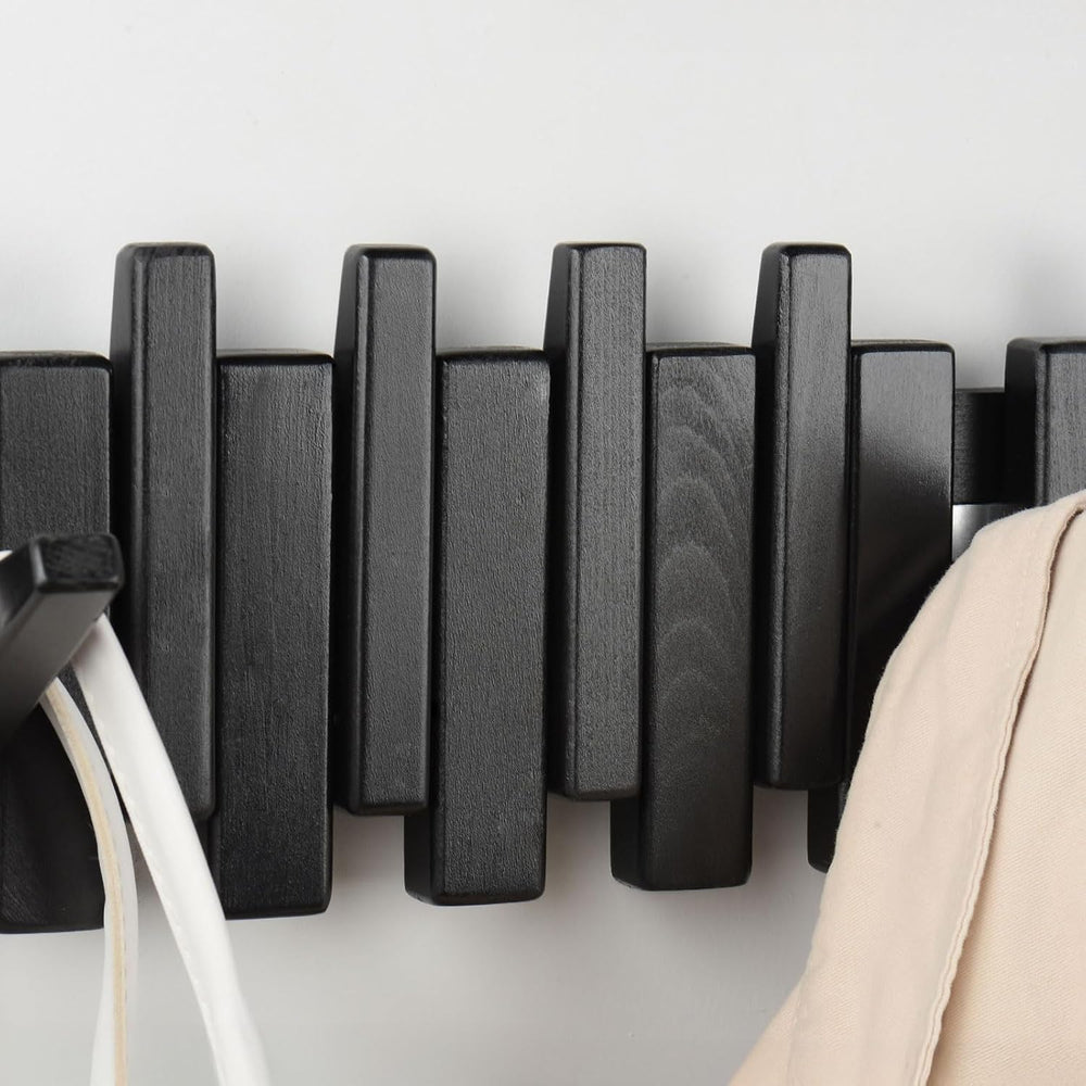Beech Piano Key Coat Rack with 8 Flip Hooks, Black