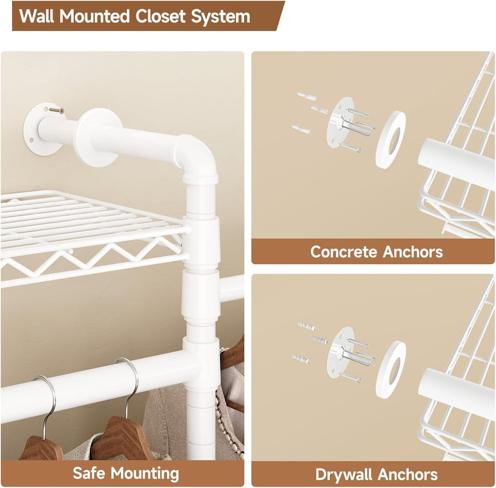 3-Bay Industrial Pipe Closet System, Wall Mounted Garment Racks, White