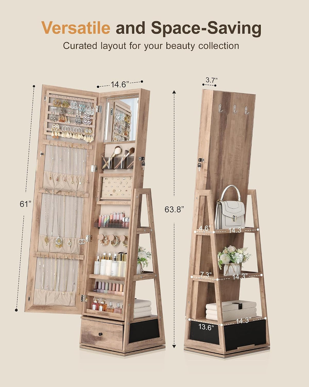 Nicetree 360° Swivel Jewelry Cabinet with Lights, Full Length Mirror, Oak