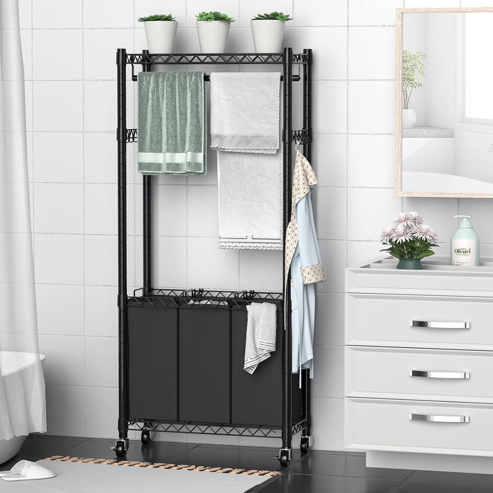 Hodonas Rolling Laundry Basket with Wheels and Hanging Bar, Black