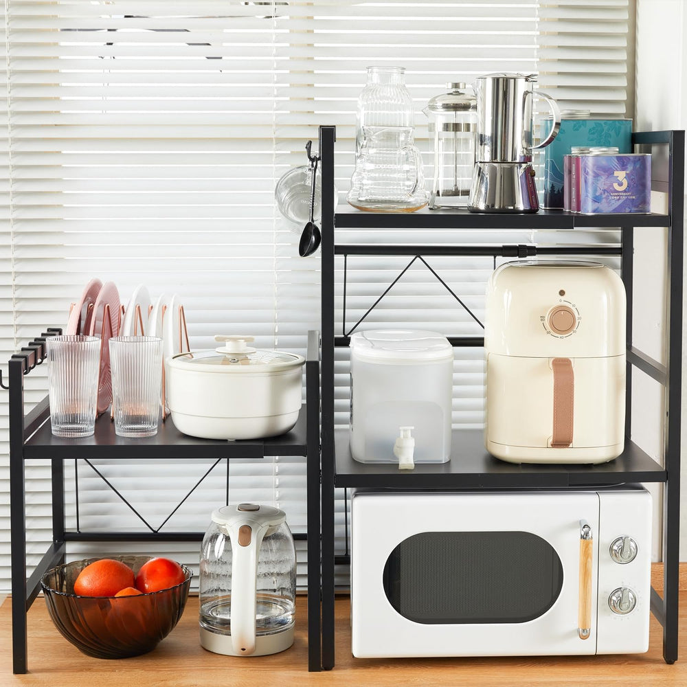 Expandable 3-Tier Microwave Rack with 6 Hooks, Adjustable Storage Shelf