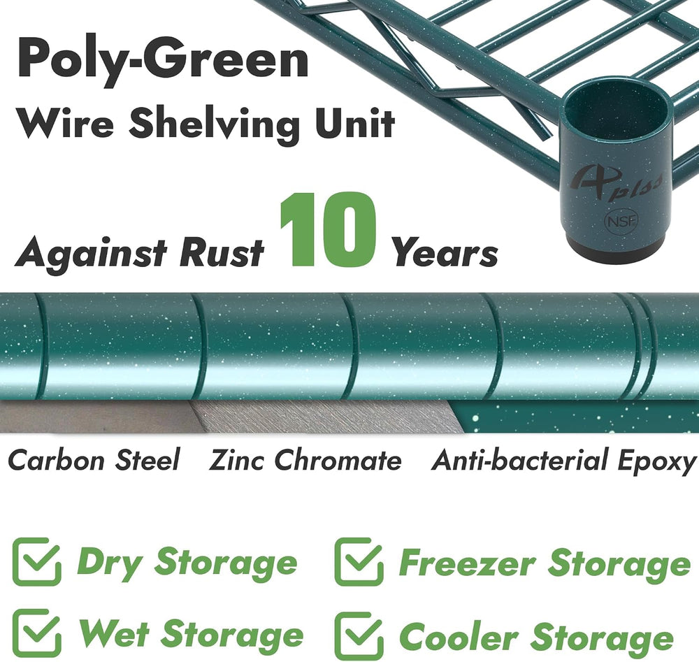 APLSS NSF 4-Tier Green-Epoxy Storage Shelves, 14"x48"x63", Moi...