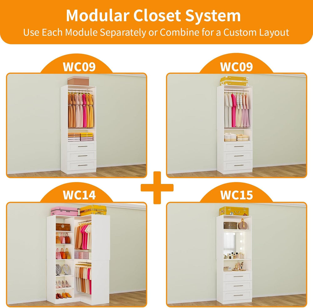 Closet System with 9 Wood Drawers, Corner Closet System with LED Mirror, Walk...