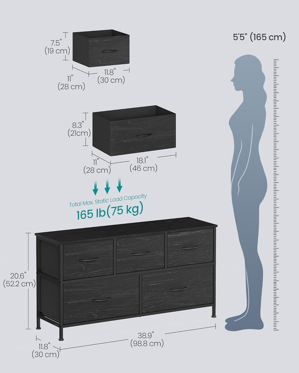 SONGMICS Dresser for Bedroom, Wide Dresser with 5 Fabric Drawers