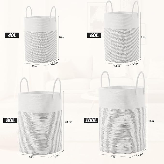 Laundry Basket, Woven Cotton Rope Laundry Hamper, Versatile Storage