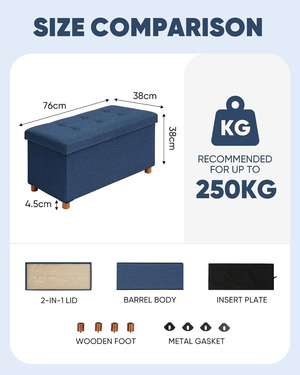 B FSOBEIIALEO 30" Folding Storage Ottoman with Tray, Wood Legs, Linen Blue