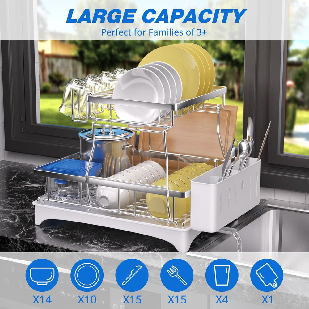Godboat 2-Tier Dish Drying Rack - 304 Stainless Steel Dish Rack Auto Drain