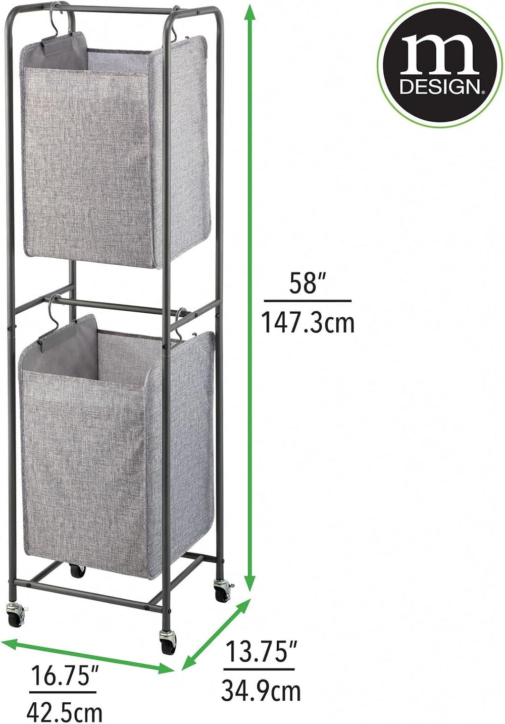mDesign Vertical Stacked Laundry Hamper Basket with Wheels, Portable, 2 Remov...