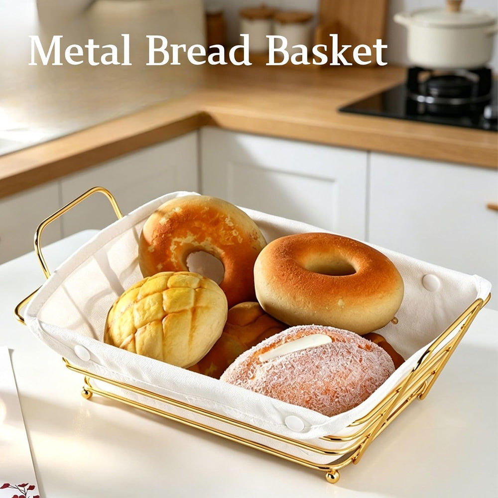 4 Pcs Metal Bread Serving Basket with Liner Cloth,Gold Baskets with Tongs for...